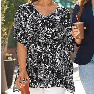 Lane Bryant Womens Tropical Palm Print Beaded Smocked Embellished Top Plus Size